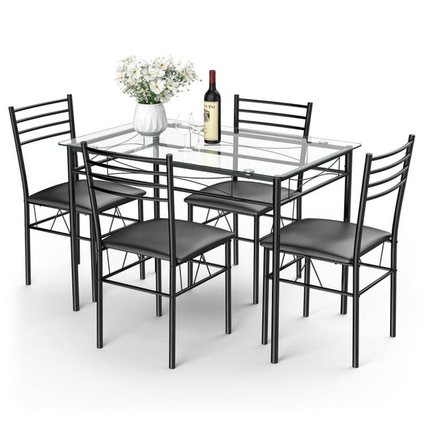 SUGIFT 5 Pieces Dining Table Set for 4, Modern Kitchen Table Furniture for Dining Room, Compact Space-Saving with Glass Tabletop, 4 Upholstered PU Chairs, Metal Steel Frame, Black