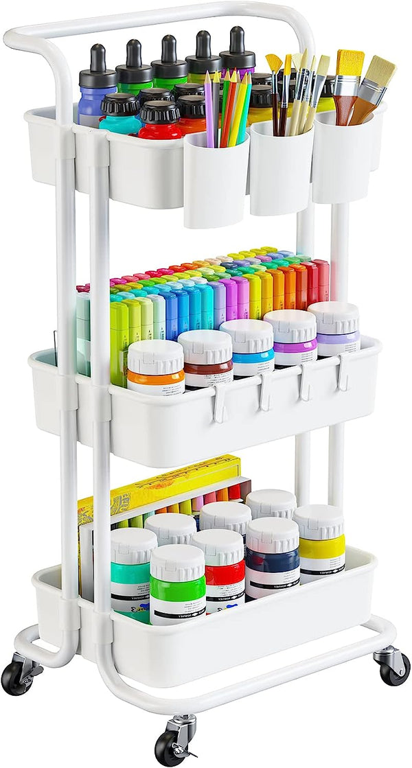 3 Tier Rolling Cart with Wheels, Rolling Storage Cart with 3 Hanging Cups 4 Hooks, Mobile Utility Cart for Office, Kitchen, Craft Room, White