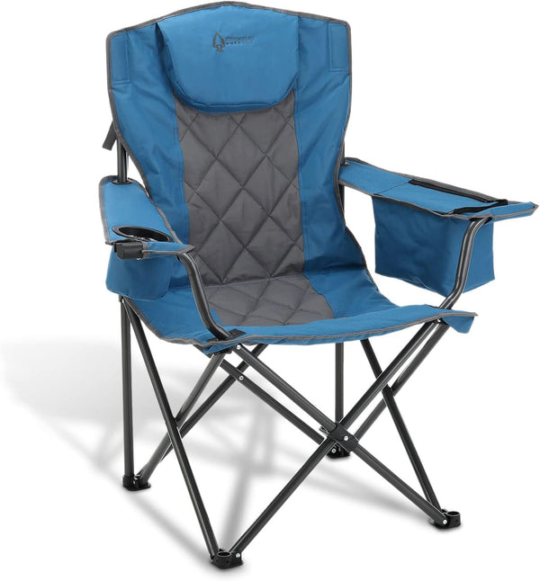 Portable Folding Camping Quad Chair w 6-Can Cooler, Cup Wine Glass Holders, Heavy-Duty Carrying Bag, Padded Armrests, Headrest  Seat, Supports up to 450lbs