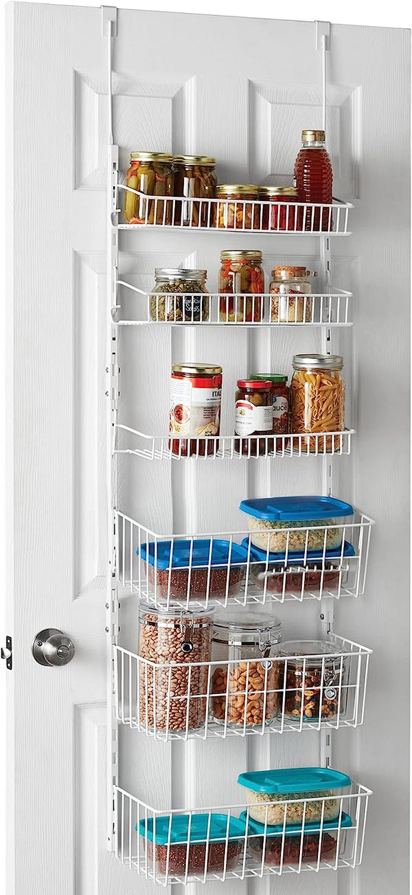 Over The Door Pantry Organizer Rack with 6 Adjustable Shelves - Steel Metal Wire Baskets and Frame - Hanging - Wall Mountable - Cans, Spice, Storage, Closet, Bathroom, Kitchen - White