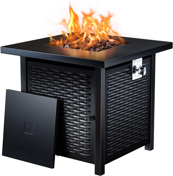 Propane Fire Pits 28 Inch Outdoor Gas Fire Pit, 50,000 BTU Steel Fire Table with Lid and Lava Rock, Add Warmth and Ambience to Gatherings and Parties On Patio Deck Garden Backyard, Black