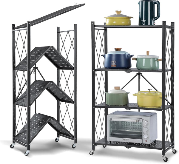 4 Shelf Foldable Storage Shelves with Wheels, Heavy Duty Metal Shelving, No Assembly Organizer Wire Shelf Rack for Garage Kitchen, Basement, Pantry,