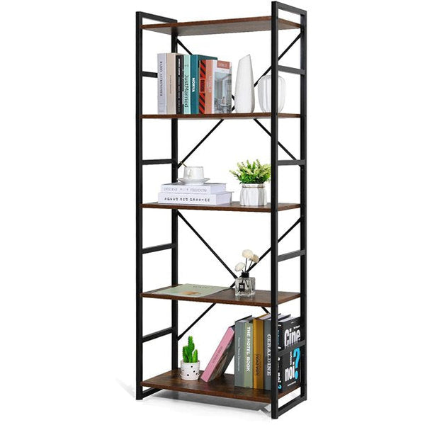 5-Tier Tall Bookcase Rustic Wood and Metal Standing Bookshelf Industrial Vintage Book Shelf Unit Open Back Modern Office Bookcases