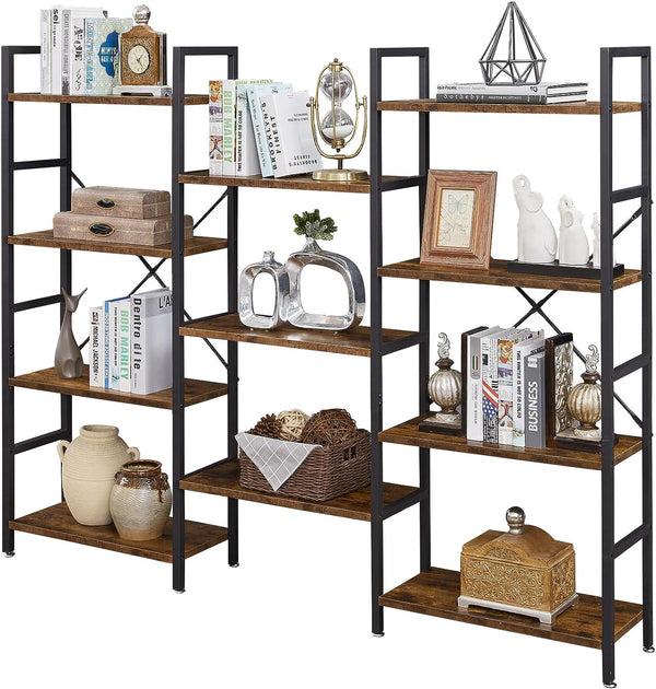 Triple 4 Tier Bookshelf, Bookcase with 11 Open Display Shelves, Wide Book Shelf Book Case for Home  Office, Rustic Brown