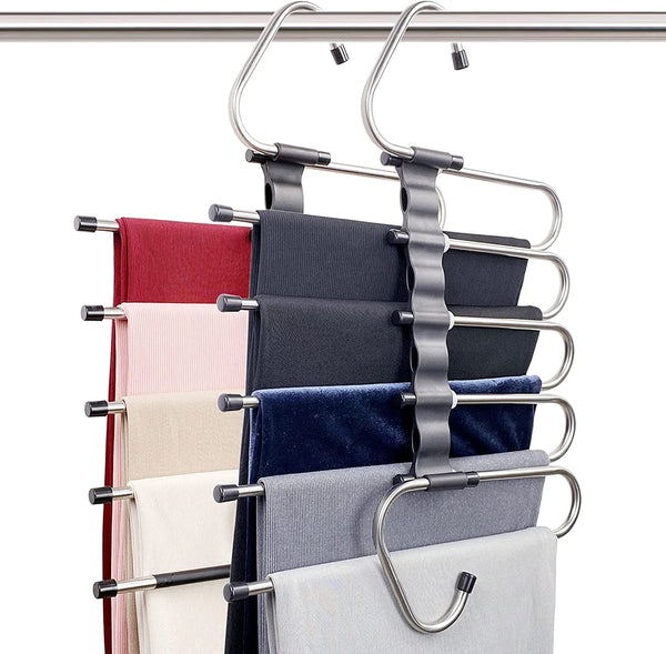 Pants Hangers Space Saving - 2 Pack for Closet Multiple Layers Multifunctional Uses Rack Organizer for Trousers Scarves Slack (2 Pack with 10 Metal Clips)