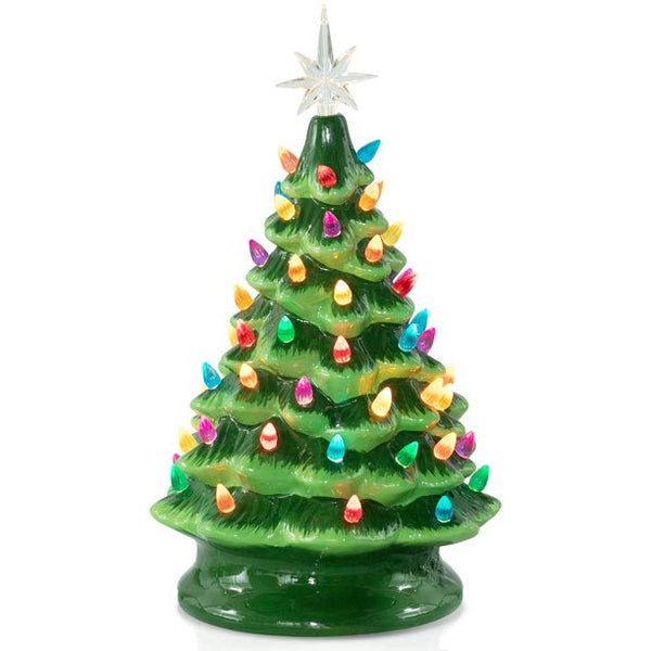 13.5 Inch Medium Ceramic Christmas Tree Battery Operated Tabletop Artificial Christmas Decoration Tree with Multicolored Lights