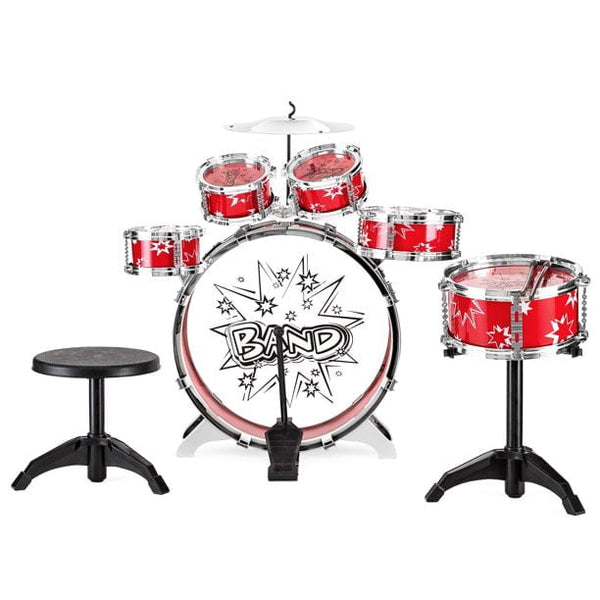 11-Piece Kids Starter Drum Set with Bass Drum, Tom Drums, Snare, Cymbal, Stool, Drumsticks - Red