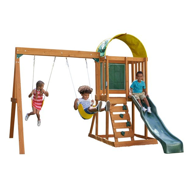 Wooden Outdoor Swing Set / Playset with Slide, Chalk Wall, Canopy and Rock Wall