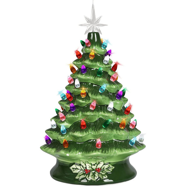 15in Ceramic Tabletop Christmas Tree with 64 Lights, Green